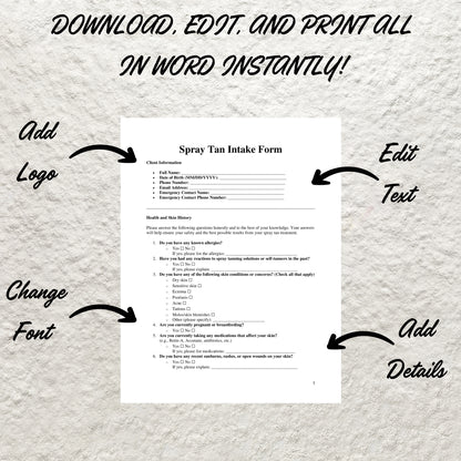 Spray Tan Forms Template Bundle Editable Spray Tan Intake Form Printable Spray Tan Consent Form Spray Tan Consultation Spray Tan Aftercare