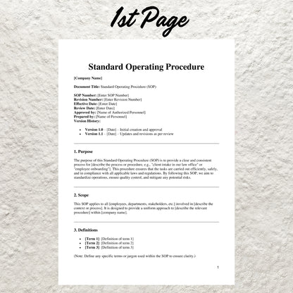 Standard Operating Procedure Template Editable SOP Template Printable Human Resources Procedure Form Business SOP Employee Work Procedures