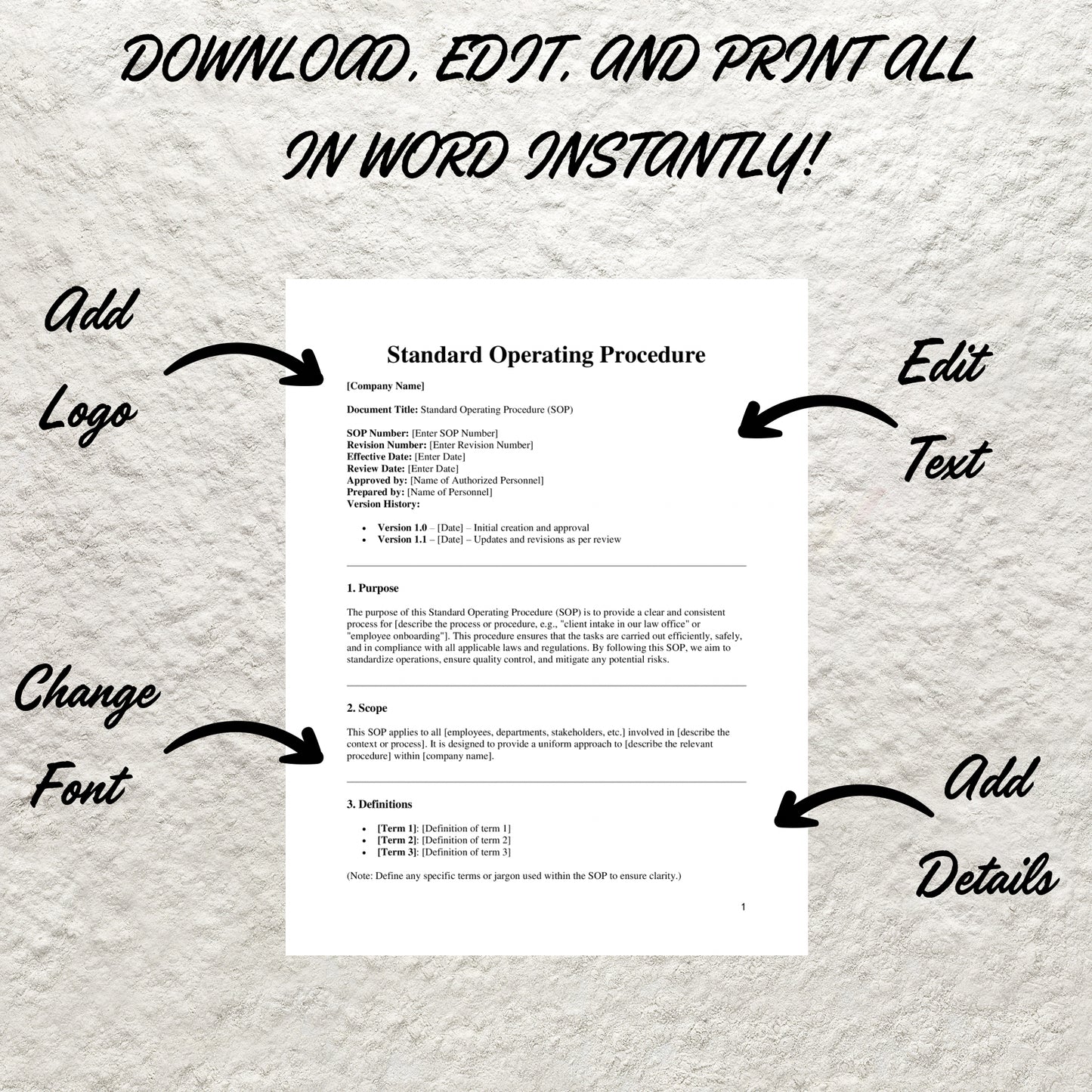 Standard Operating Procedure Template Editable SOP Template Printable Human Resources Procedure Form Business SOP Employee Work Procedures