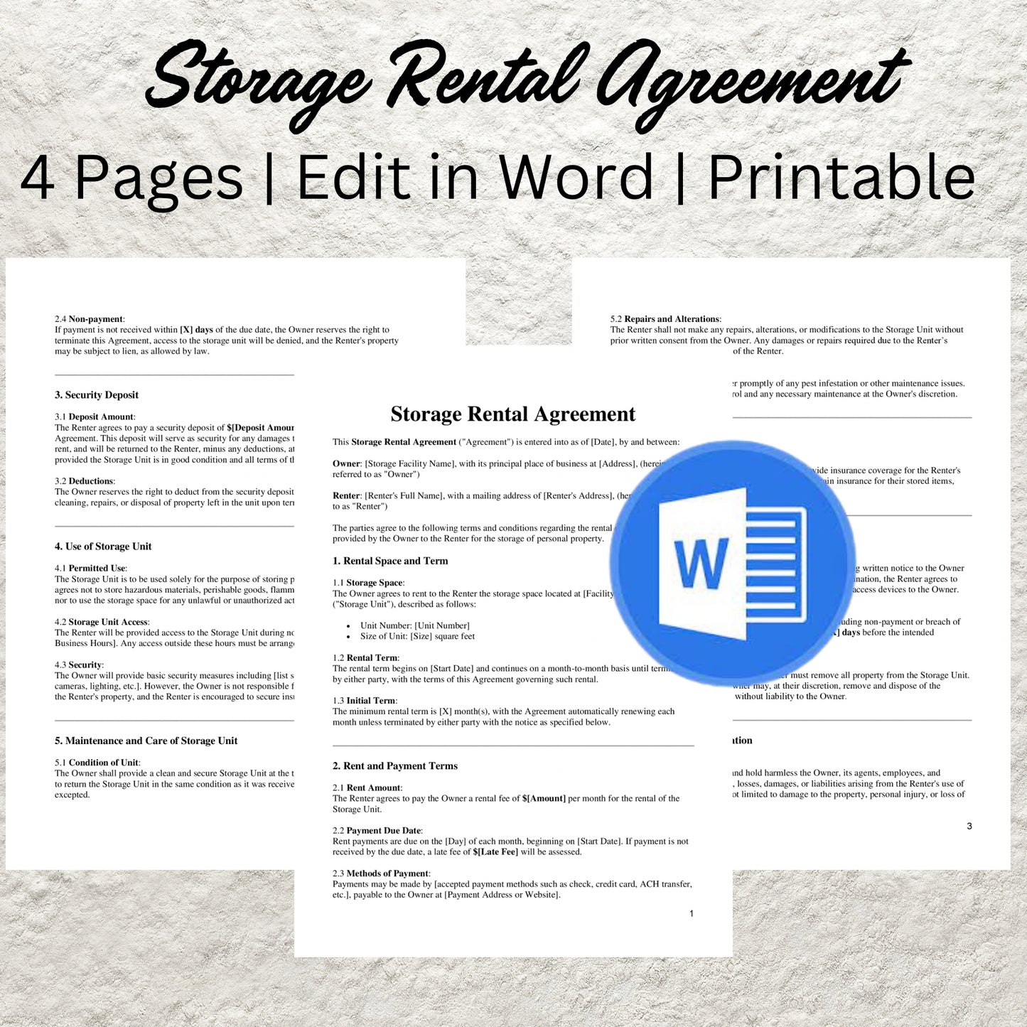 Storage Rental Contract Template Editable Storage Space Rental Agreement Printable Self Storage Rental Agreement Storage Space Lease Form