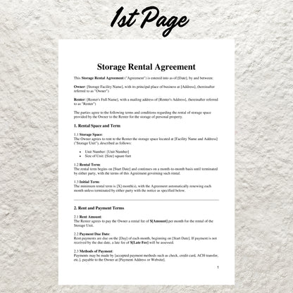 Storage Rental Contract Template Editable Storage Space Rental Agreement Printable Self Storage Rental Agreement Storage Space Lease Form