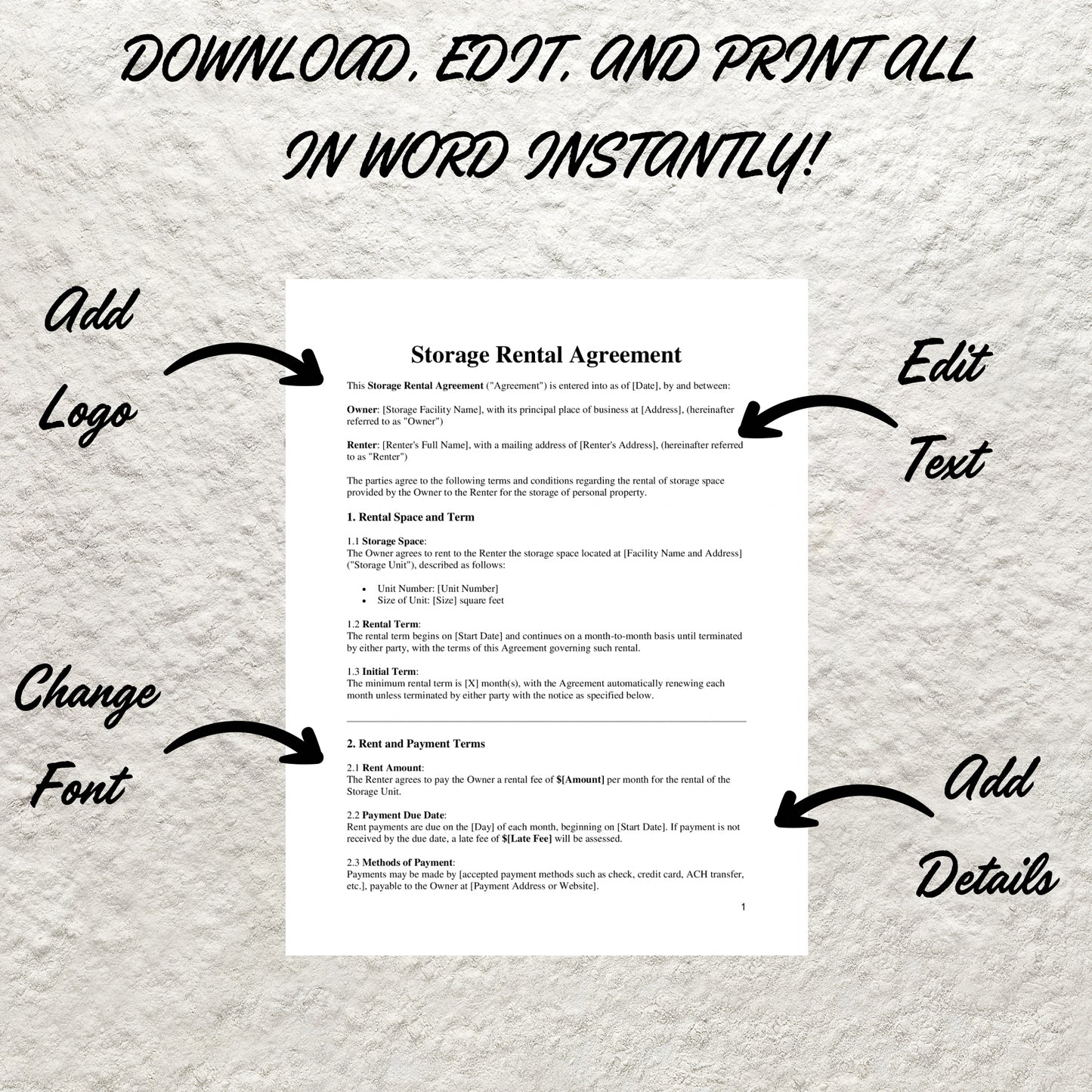 Storage Rental Contract Template Editable Storage Space Rental Agreement Printable Self Storage Rental Agreement Storage Space Lease Form