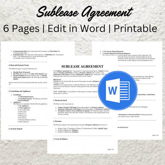 Sublease Agreement Template Editable Residential Sublease Contract Agreement Form Printable Roommate Sublease Agreement Landlord Tenant Form