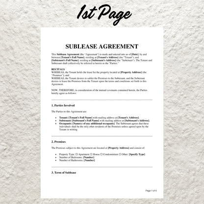 Sublease Agreement Template Editable Residential Sublease Contract Agreement Form Printable Roommate Sublease Agreement Landlord Tenant Form