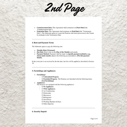 Sublease Agreement Template Editable Residential Sublease Contract Agreement Form Printable Roommate Sublease Agreement Landlord Tenant Form