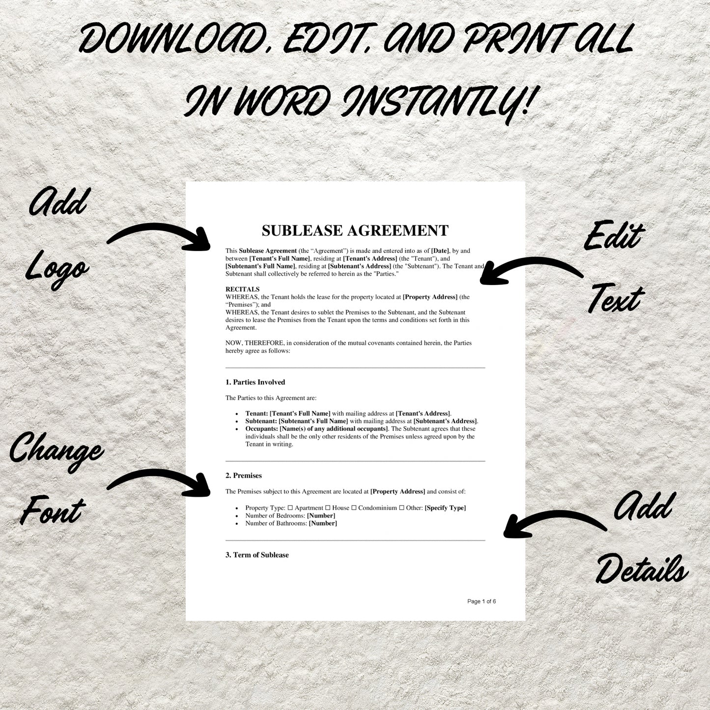 Sublease Agreement Template Editable Residential Sublease Contract Agreement Form Printable Roommate Sublease Agreement Landlord Tenant Form