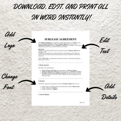 Sublease Agreement Template Editable Residential Sublease Contract Agreement Form Printable Roommate Sublease Agreement Landlord Tenant Form