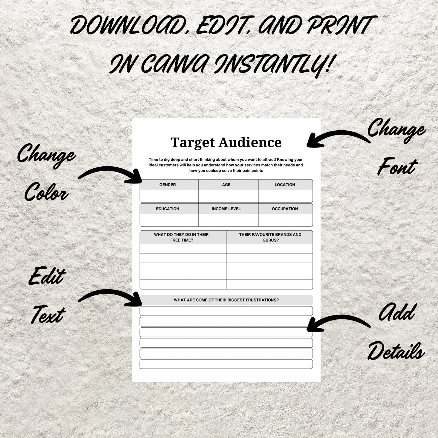 Target Audience Template Printable Target Customer Market Planner Ideal Target Audience Customer Client Profile Worksheet Customer Persona